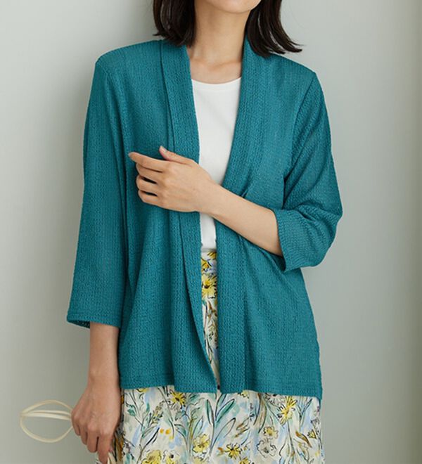 BELLUNA（ベルーナ）の「メッシュ素材トッパーカーディガン（ニットカーディガン）」｜エメラルドグリーン