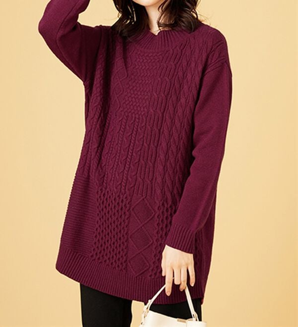 BELLUNA（ベルーナ）の「パッチワーク調ケーブルニットチュニック（チュニック）」｜詳細画像