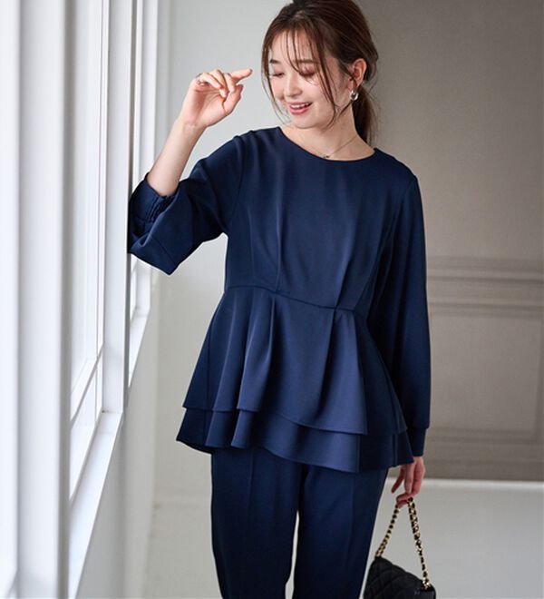 RANAN（ラナン）の「【２点セット】洗える！バックパール調ペプラムチュニックセットアップ（パンツスーツ）」｜詳細画像