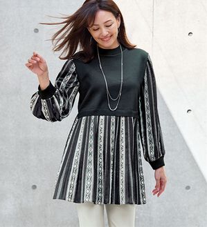 BELLUNA（ベルーナ）の「柄プリーツ切替ニットチュニック（チュニック）」｜黒系