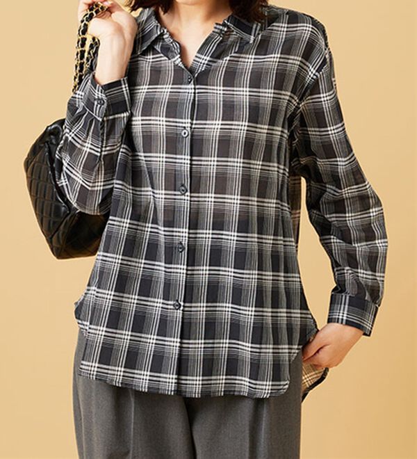 BELLUNA（ベルーナ）の「涼やか綿１００％シアー素材チェックシャツ（チュニック）」｜詳細画像