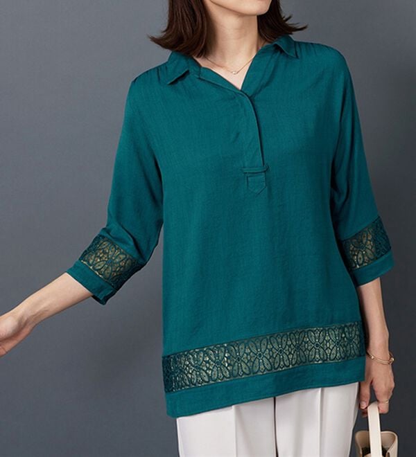 BELLUNA（ベルーナ）の「袖＆裾レースデザインシャツチュニック（チュニック）」｜詳細画像