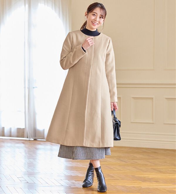 alotta（アロッタ）の「美人シルエットファー付ノーカラーコート【美人百花掲載】（ロングコート）」｜詳細画像