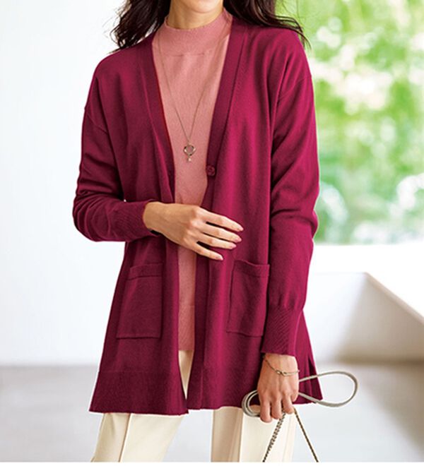 BELLUNA（ベルーナ）の「配色が楽しい！ニットカーデアンサンブル（アンサンブル）」｜ボルドー／ピンク