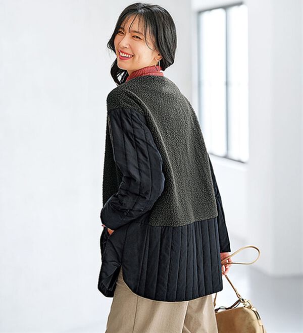 BELLUNA（ベルーナ）の「ボア切替キルトデザインミドル丈コート（ハーフコート）」｜黒