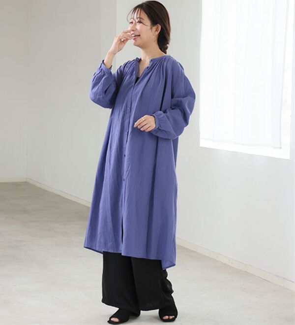 A HAPPY MARILYN（アハッピーマリリン）の「【Ｌ～６Ｌ】【選べる袖丈】【風通るプレミアム】綿・楊柳シャツチュニック（チュニック）」｜詳細画像