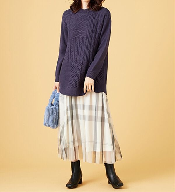 BELLUNA（ベルーナ）の「パッチワーク調ケーブルニットチュニック（チュニック）」｜詳細画像