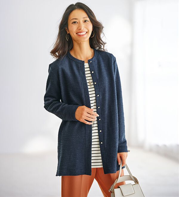 BELLUNA（ベルーナ）の「ツイード調カーデ&times;ボーダーアンサンブル（アンサンブル）」｜ネイビー