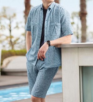 「華やかサッカーセットアップ（メンズルームウェア）」｜ブルー