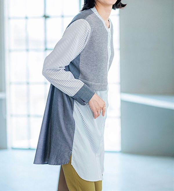 BELLUNA（ベルーナ）の「ストライプ&times;異素材切替シャツチュニック（チュニック）」｜詳細画像