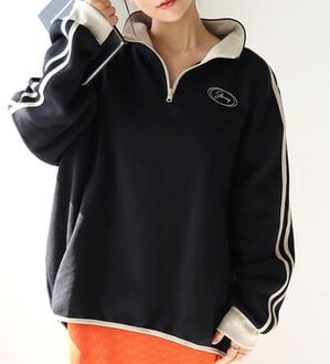 A HAPPY MARILYN（アハッピーマリリン）の「【Ｌ～６Ｌ】【ハピぽか裏起毛】ライン使いハーフＺＩＰスウェット 毛玉になりにくい（トレーナー・スウェット）」｜ブラック