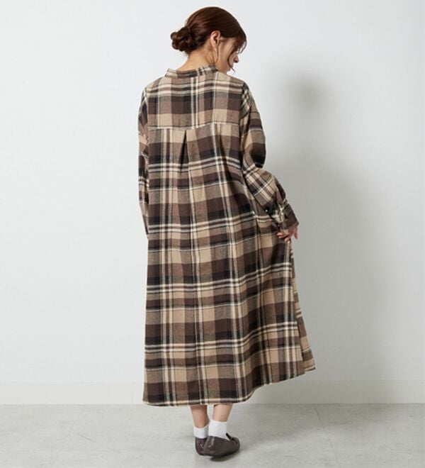 LL～8L】フランネル チェック 細魅せ シャツワンピース