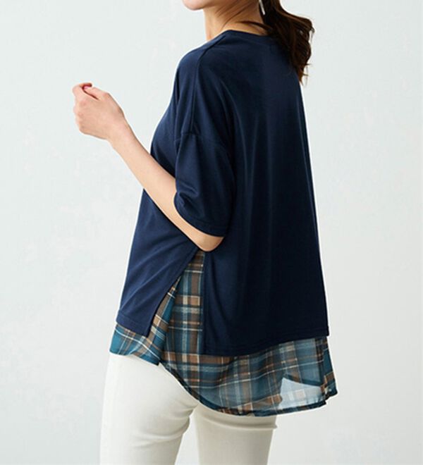 RANAN（ラナン）の「チェック柄異素材使いTシャツ（カットソー）」｜詳細画像