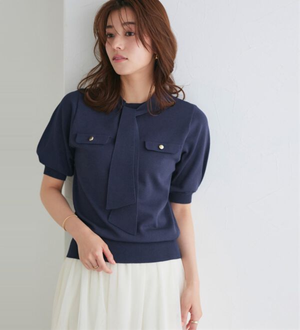 Pierrot（ピエロ）の「リネンタッチボウタイポケットニット（ニット・セーター）」｜詳細画像