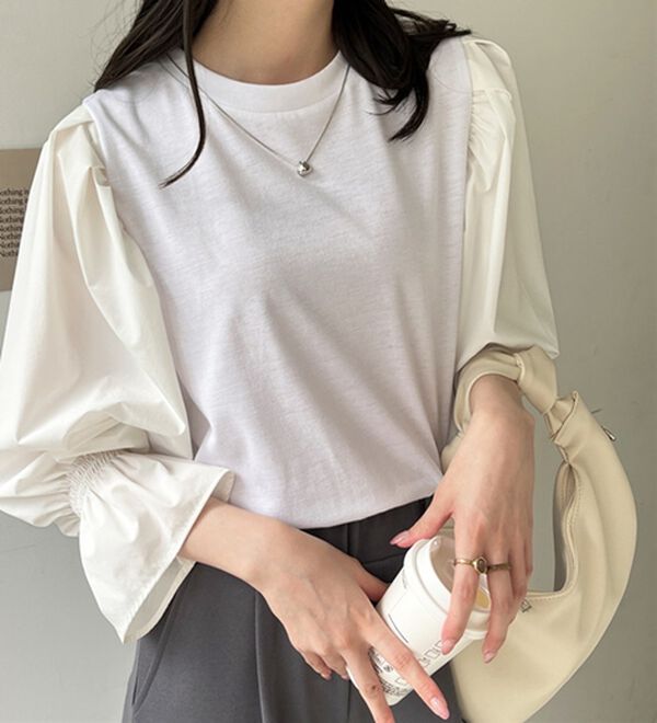 GeeRA（ジーラ）の「異素材切替キャンディースリーブカットソー（カットソー）」｜オフホワイト