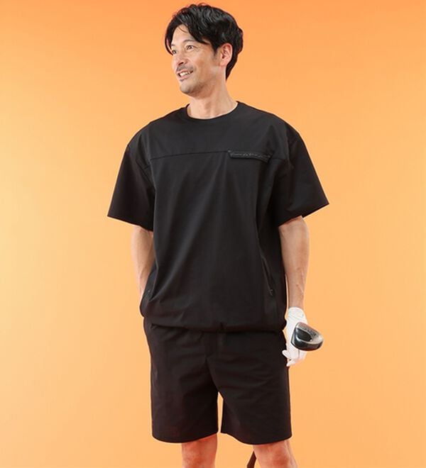 「＜コムルヴァン・オム＞　裾ドロストイージーケアセットアップ・パンツ（メンズハーフパンツ）」｜ブラックセット