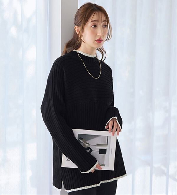 alotta（アロッタ）の「パチパチしにくい！洗えるリブ切替配色ニットプルオーバー（ニット・セーター）」｜詳細画像