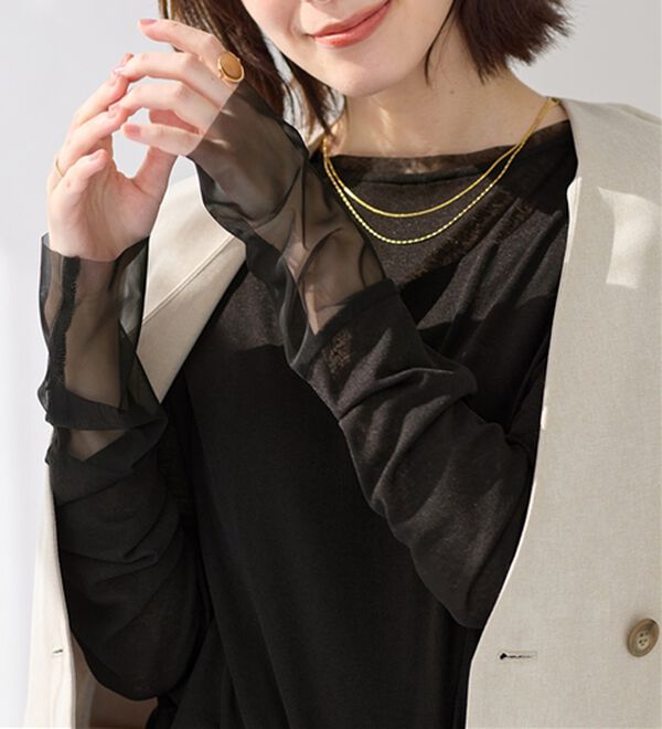 Viola e Viola（ヴィオラ エ ヴィオラ）の「程よい透け感大人シアー素材切替トップス（カットソー）」｜ブラック
