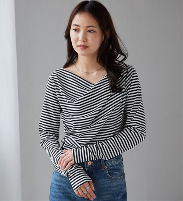 RANAN（ラナン）の「【春色追加】上品ドレープリブロングＴシャツ（カットソー）」｜詳細画像