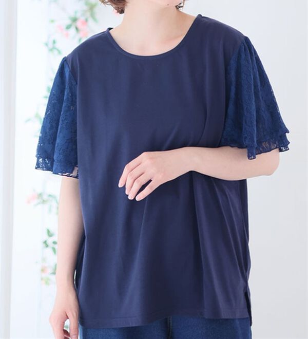 A HAPPY MARILYN（アハッピーマリリン）の「袖２段レース カットソープルオーバー（カットソー）」｜ネイビー