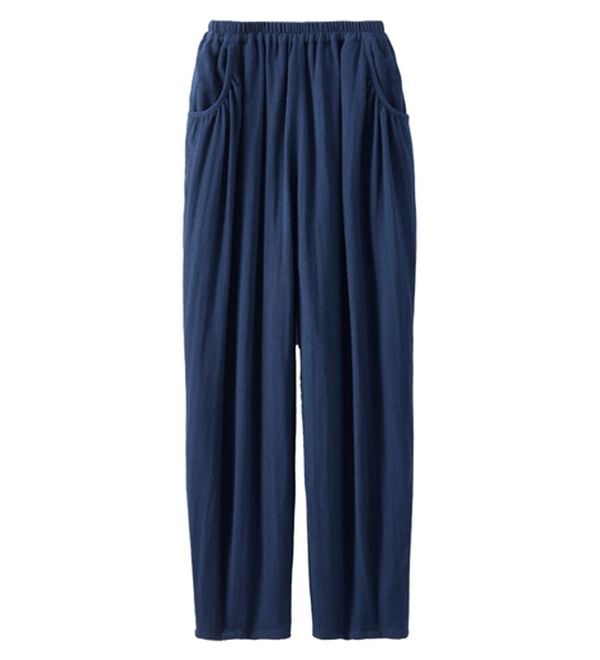 BELLUNA（ベルーナ）の「綿麻ダブルガーゼポッケギャザーパンツ（フルレングスパンツ）」｜ネイビー