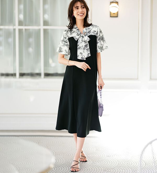 ボウタイデザインドッキングフレアー袖ワンピース - ベルーナ【公式】 