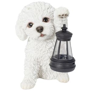 「ソーラーランプを持つ犬・猫（ガーデニング・園芸用品）」｜トイプードルホワイト
