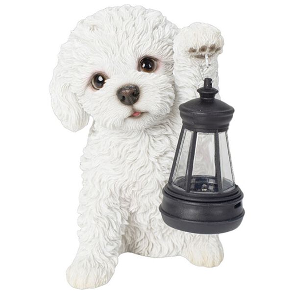 「ソーラーランプを持つ犬・猫（ガーデニング・園芸用品）」｜トイプードルホワイト