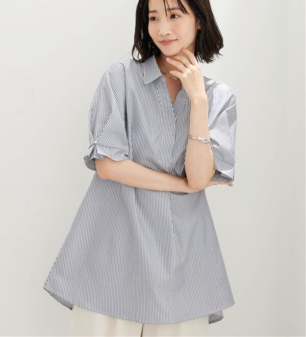 BELLUNA（ベルーナ）の「【接触冷感】麻調素材袖パール付シャツチュニック（チュニック）」｜詳細画像