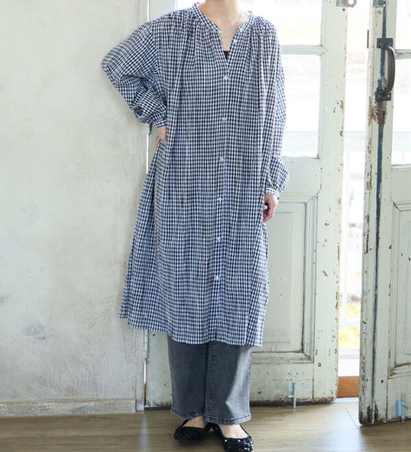 A HAPPY MARILYN（アハッピーマリリン）の「【Ｌ～６Ｌ】【風通るプレミアム】袖丈（七分・長袖）が選べる　綿１００％　楊柳　シャツチュニック（チュニック）」｜ギンガム