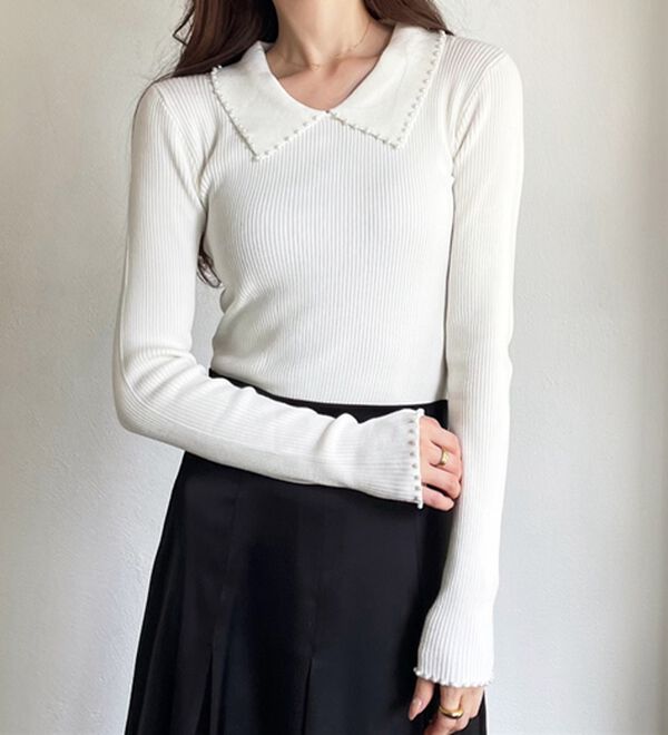 GeeRA（ジーラ）の「【YOUING.】パール衿リブニット（ニット・セーター）」｜オフホワイト