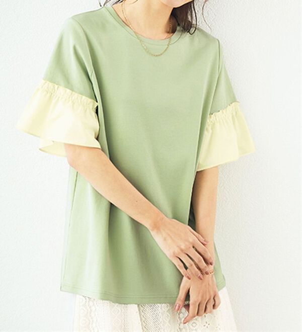 BELLUNA（ベルーナ）の「オーガニックコットン素材切替デザインプルオーバー（カットソー）」｜ミント系