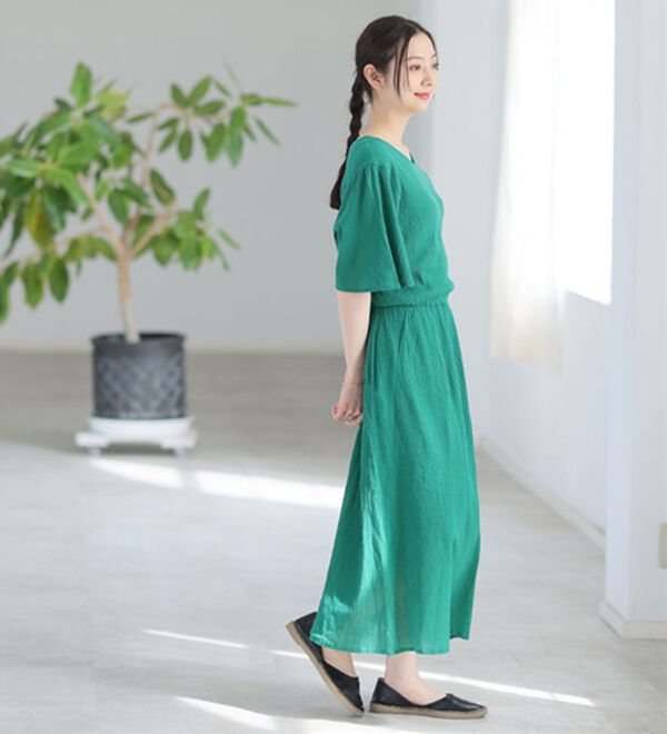 A HAPPY MARILYN（アハッピーマリリン）の「風通る 綿 楊柳 フレア袖 ウエストゴム ワンピース（カットソーワンピース）」｜詳細画像