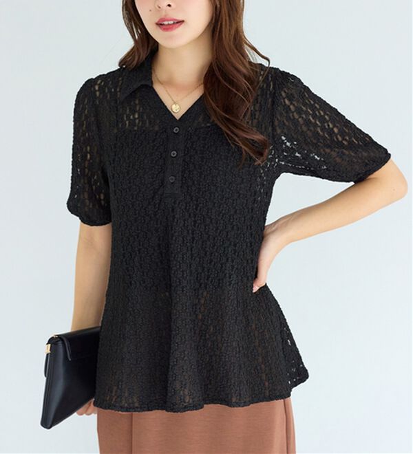 alotta（アロッタ）の「総レーススキッパーポロチュニック（チュニック）」｜ブラック