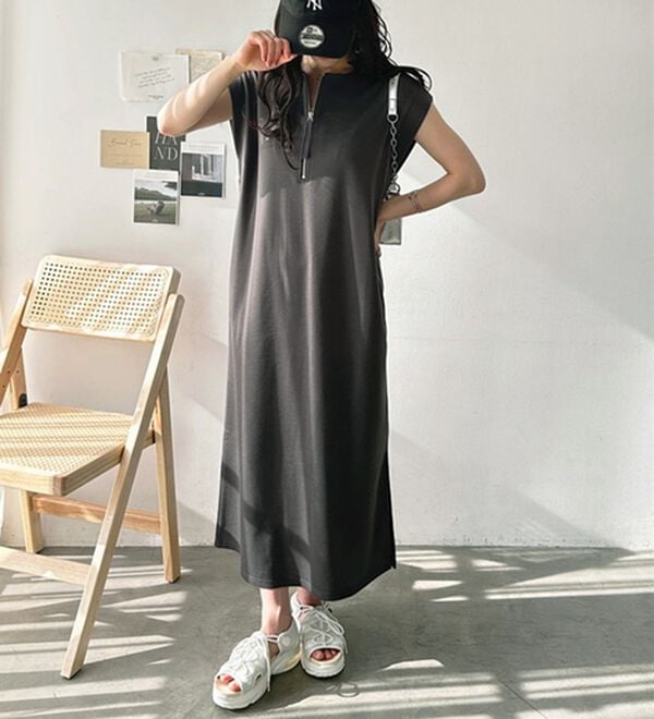 GeeRA（ジーラ）の「前後２ＷＡＹハーフジップＩラインワンピース（カットソーワンピース）」｜詳細画像