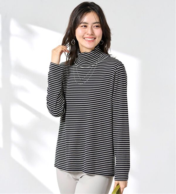 BELLUNA（ベルーナ）の「なめらか素材ハイネックボーダープルオーバー（カットソー）」｜詳細画像