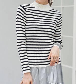 RANAN（ラナン）の「もちもちリブパイピングハイネックニット（ニット・セーター）」｜ボーダー(ホワイト系)