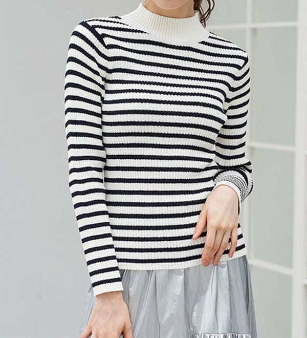 RANAN（ラナン）の「もちもちリブパイピングハイネックニット（ニット・セーター）」｜ボーダー(ホワイト系)
