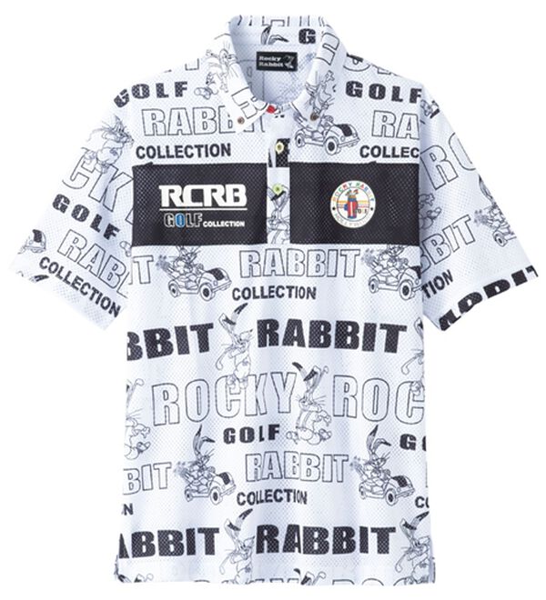 「＜ロッキーラビット＞総柄ビッグメッシュポロシャツ（メンズポロシャツ）」｜ホワイト