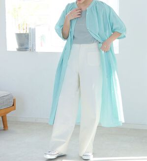 A HAPPY MARILYN（アハッピーマリリン）の「【Ｌ～６Ｌ】【風通るプレミアム】綿１００％ 楊柳 五分袖 ギャザーたっぷりワンピース（カットソーワンピース）」｜グリーンストライプ