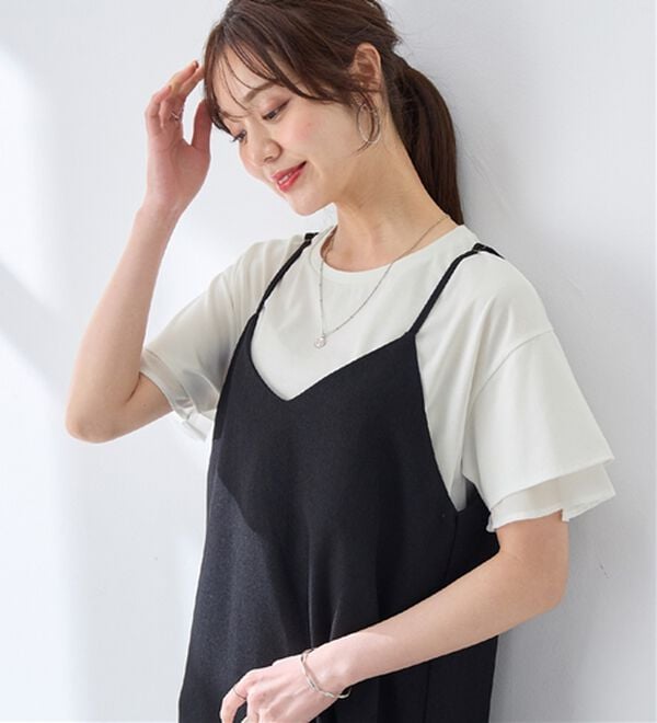alotta（アロッタ）の「【接触冷感】＜丈が選べる＞袖口シフォンＴシャツ／チュニック（カットソー）」｜オフホワイト／レギュラー丈