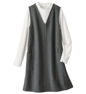 BELLUNA（ベルーナ）の「【フリル衿リブプルオーバー付】ジップ使いジャンパースカート（ジャンパースカート）」｜杢グレー&times;オフ白