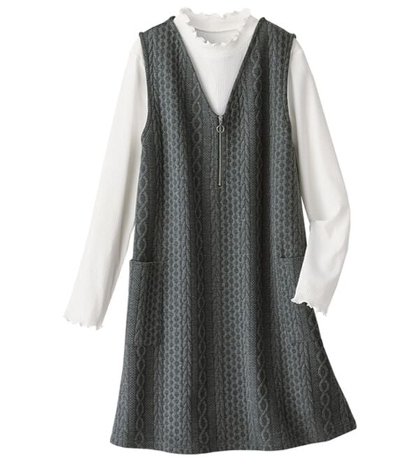 BELLUNA（ベルーナ）の「【フリル衿リブプルオーバー付】ジップ使いジャンパースカート（ジャンパースカート）」｜杢グレー&times;オフ白