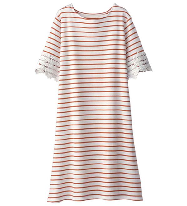 BELLUNA（ベルーナ）の「なめらかな肌心地！超長綿袖レースチュニック（チュニック）」｜白×コーラル