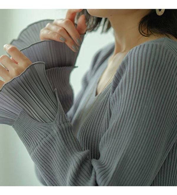 GeeRA（ジーラ）の「プリーツ付Ｖネックリブニットトップス（ニット・セーター）」｜詳細画像