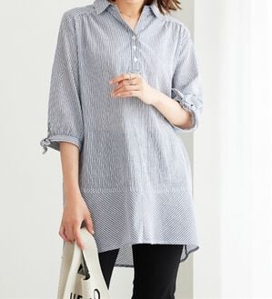 BELLUNA（ベルーナ）の「綿１００％ストライプ袖リボンチュニック（チュニック）」｜ネイビー系