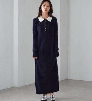 RANAN（ラナン）の「ポロカラーリブニットワンピース（ロングワンピース）」｜ネイビー