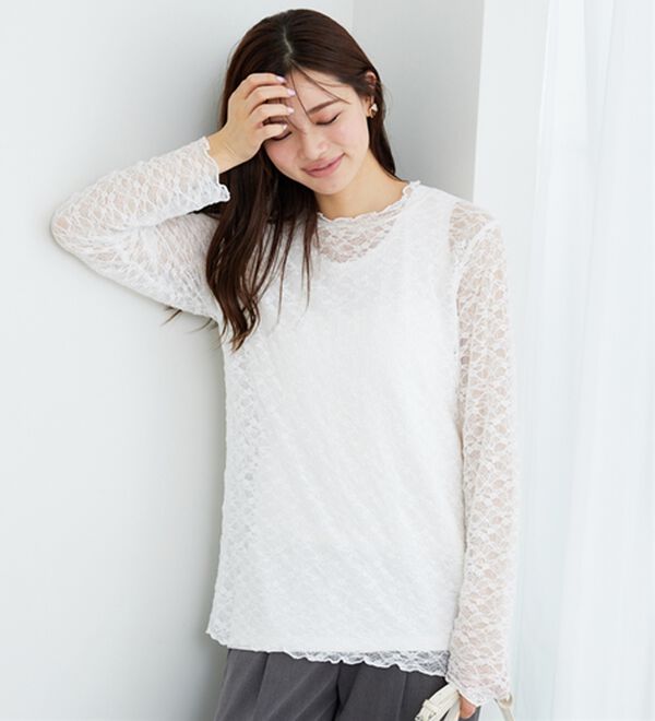 BELLUNA（ベルーナ）の「【重ね着にぴったり♪】のびやかレース素材メロー使いインナー（カットソー）」｜オフ白