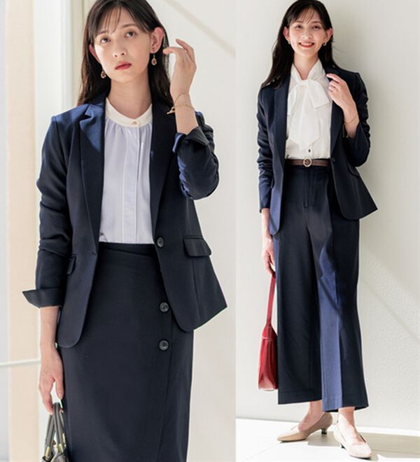 GeeRA（ジーラ）の「【ジャケット+2ボトム】洗えるストレッチ！ジャケット＆ブラウス＆ワイドパンツ＆スカートスーツセット（パンツスーツ）」｜ネイビー系
