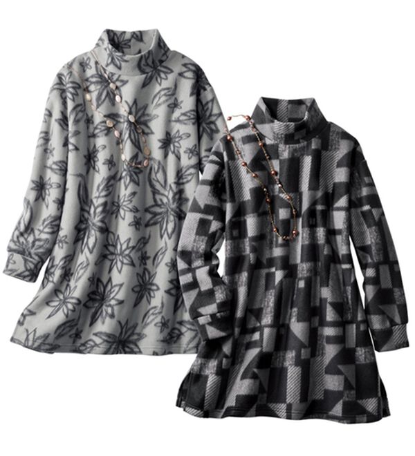 「【２枚組】暖かモノトーンフリースチュニック（パジャマ・ルームウェア）」｜2枚組